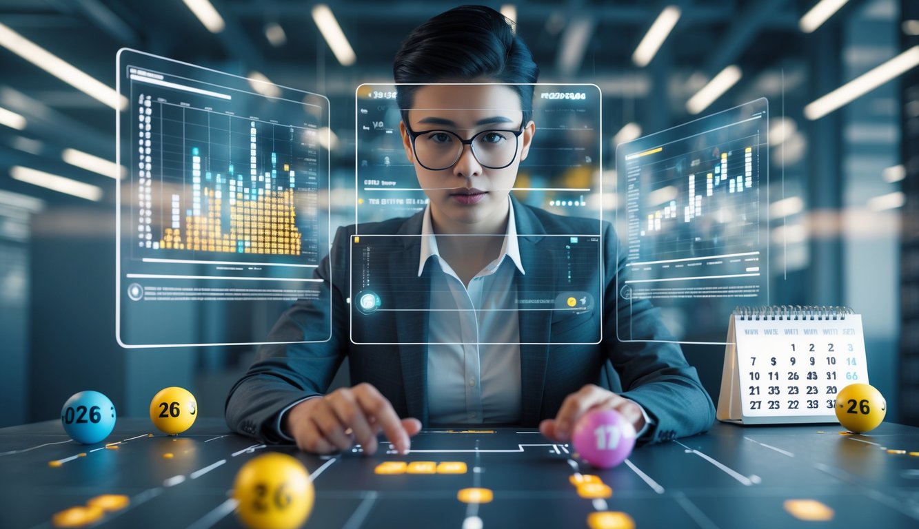 Seseorang yang serius menganalisis data angka dan grafik di layar digital di kantor modern.