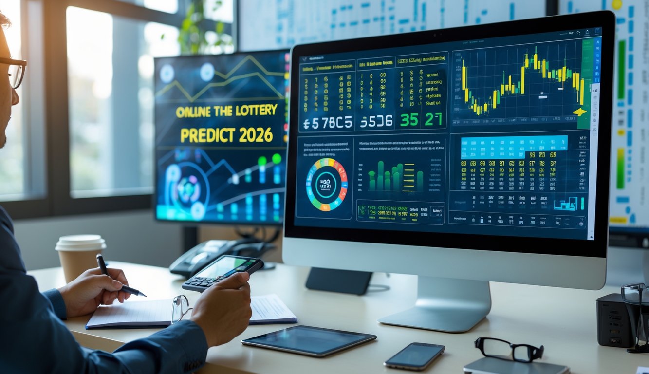 Seseorang sedang menganalisis data angka pada komputer di meja kerja dengan alat tulis dan kalkulator.