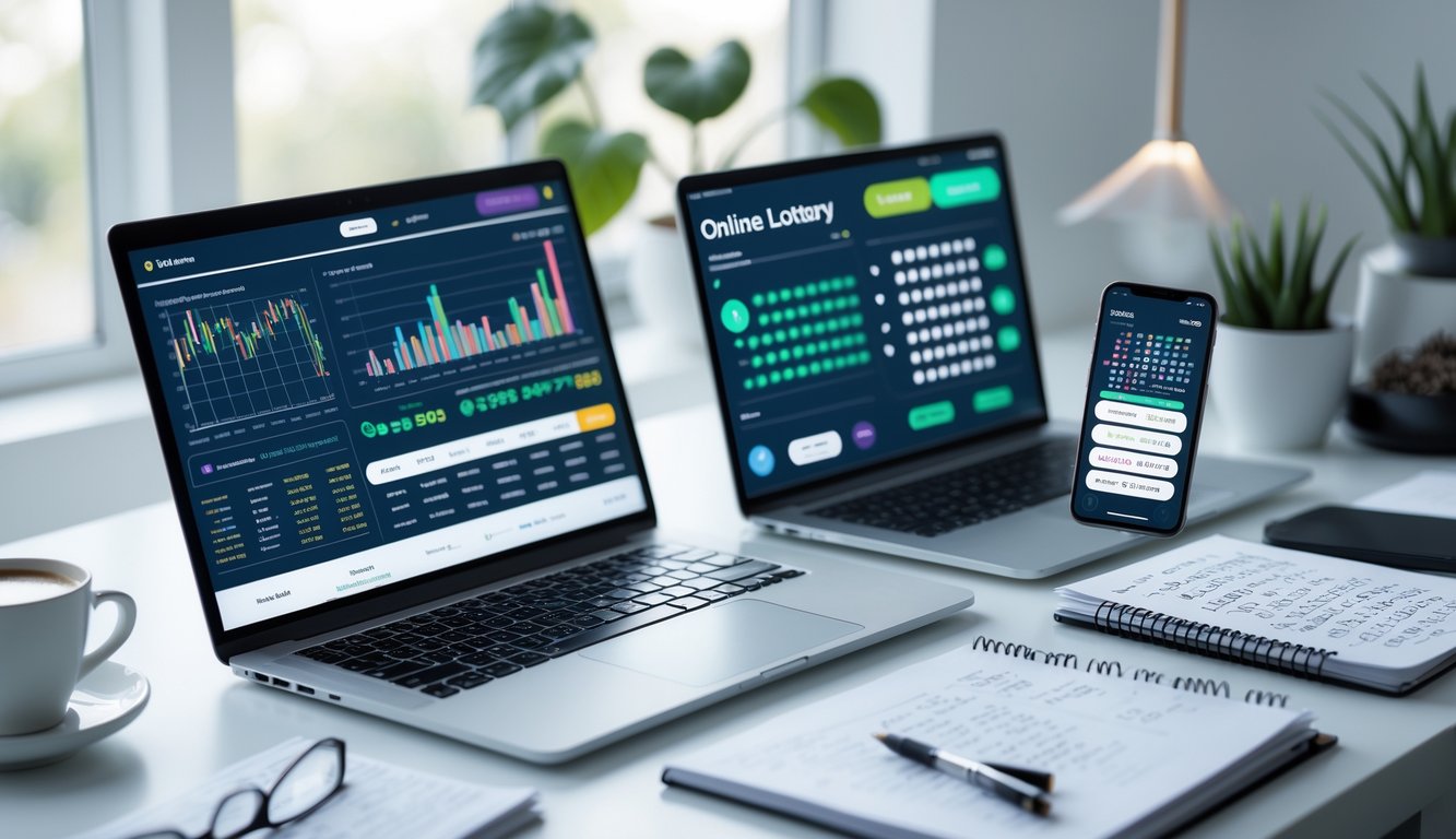 Meja kerja modern dengan laptop, ponsel, dan catatan yang menunjukkan aktivitas prediksi togel online.