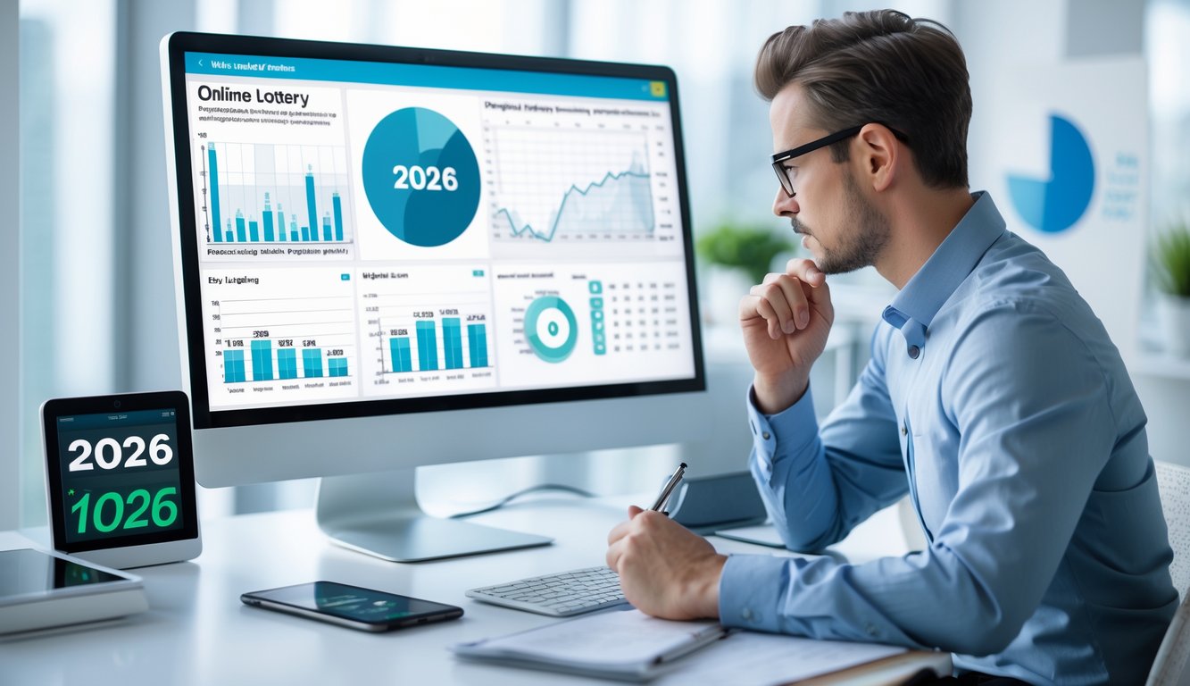 Seorang profesional sedang menganalisis data prediksi togel online di meja kerja dengan komputer dan alat tulis di kantor yang terang dan rapi.