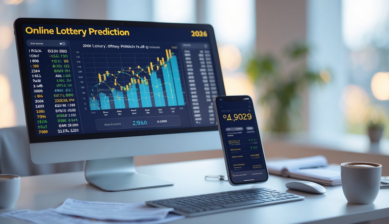 Meja kerja modern dengan komputer yang menampilkan grafik dan angka prediksi togel, ponsel dengan aplikasi togel, dan secangkir kopi.