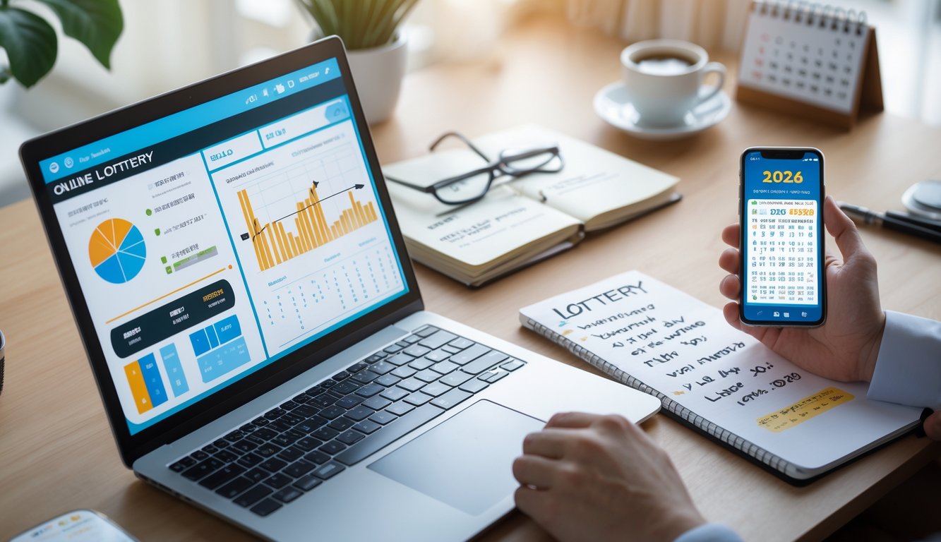 Meja kerja modern dengan laptop, buku catatan, dan ponsel yang menampilkan data dan strategi terkait prediksi togel online tahun 2026.