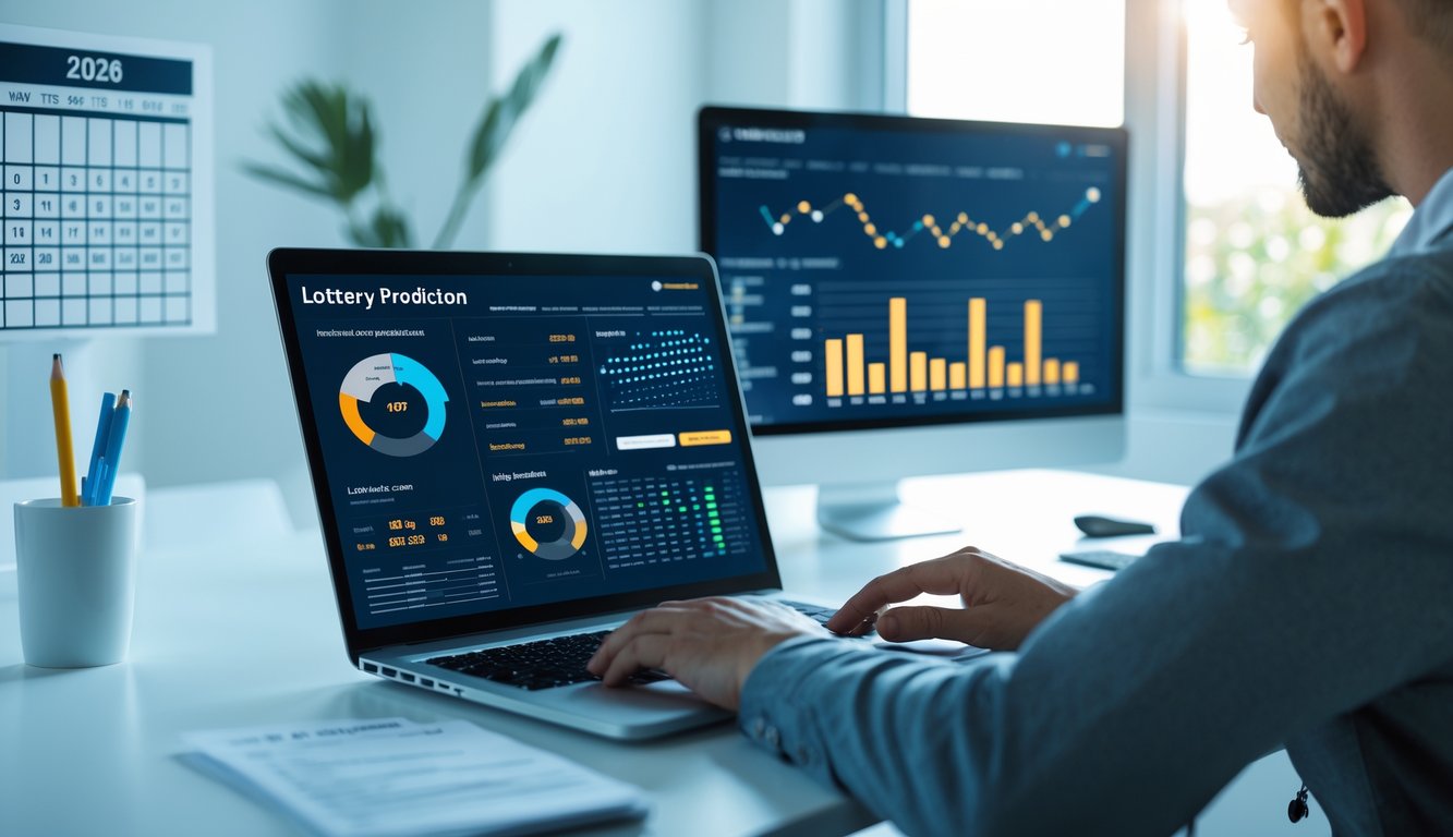 Seseorang sedang menganalisis data angka lotre di laptop di ruang kerja modern dengan layar tambahan yang menampilkan grafik dan kalender tahun 2026.