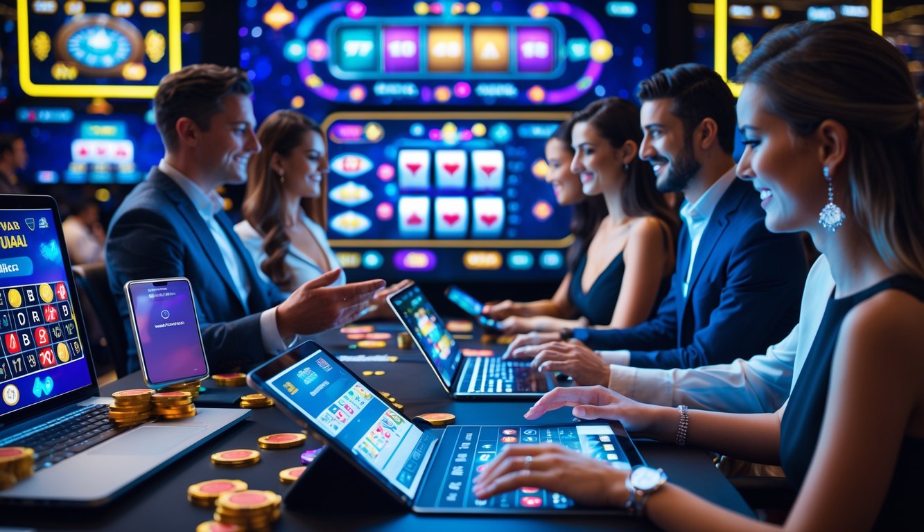 Beberapa orang bermain game kasino online dengan perangkat digital di lingkungan kasino virtual yang modern dan cerah.