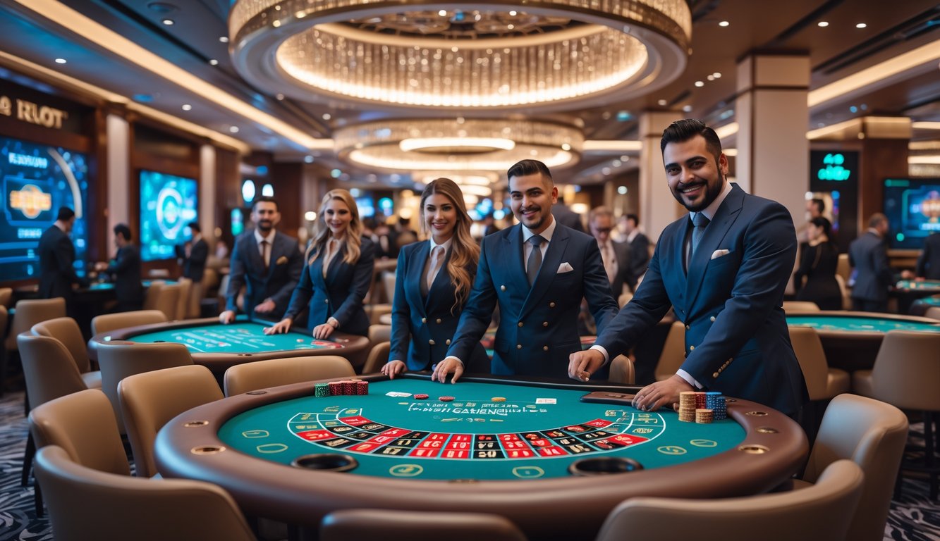 Suasana kasino langsung yang mewah dengan meja permainan dan dealer profesional, pemain fokus bermain di lingkungan yang cerah dan modern.