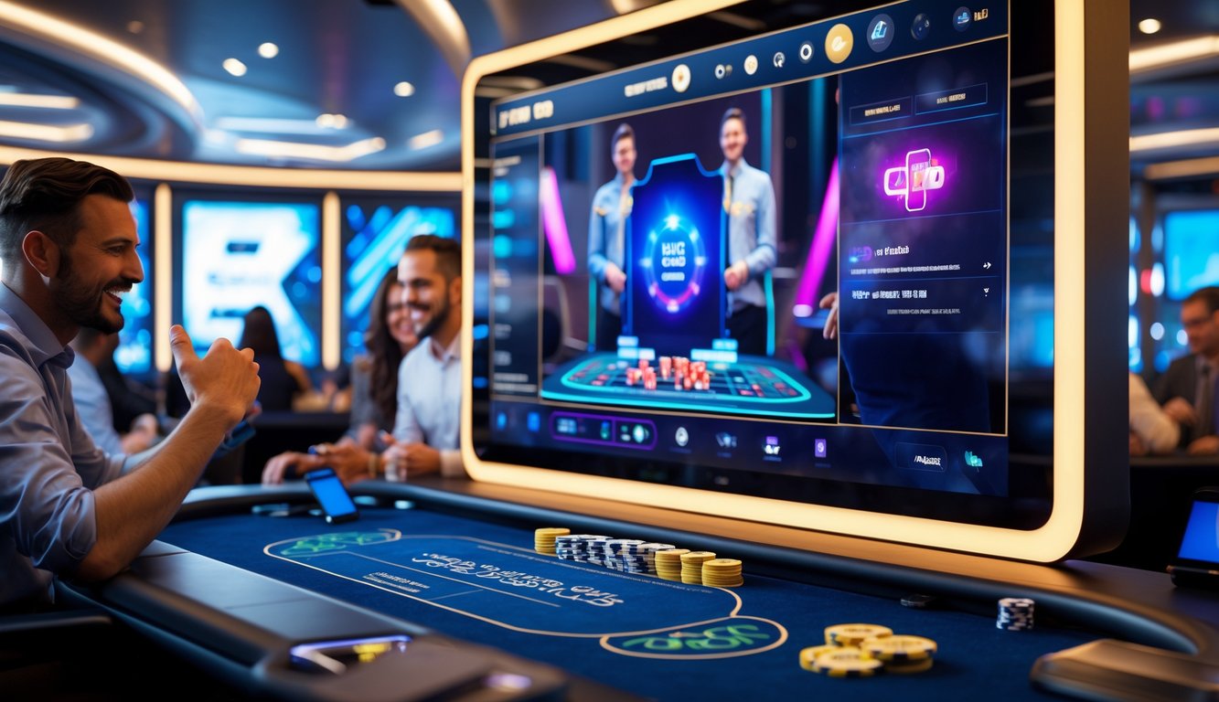 Suasana kasino online langsung dengan dealer dan pemain yang sedang bermain dengan ekspresi senang dan percaya.