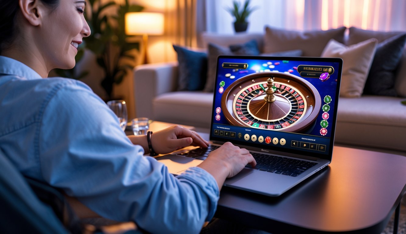 Seorang pria duduk di sofa di ruang tamu yang nyaman, menikmati permainan kasino langsung di laptop.