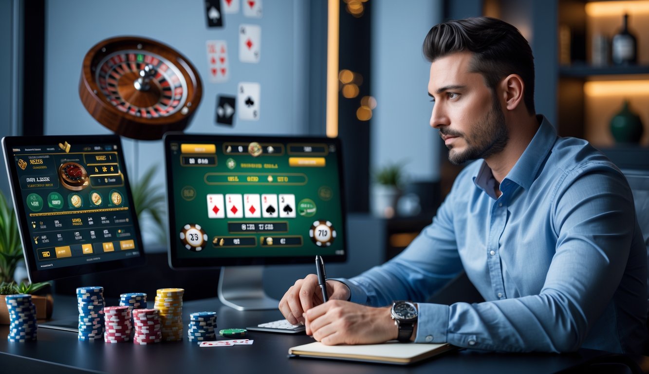 Seorang pria duduk di meja dengan perangkat digital yang menampilkan permainan kasino langsung, tampak fokus dan serius merencanakan strategi.
