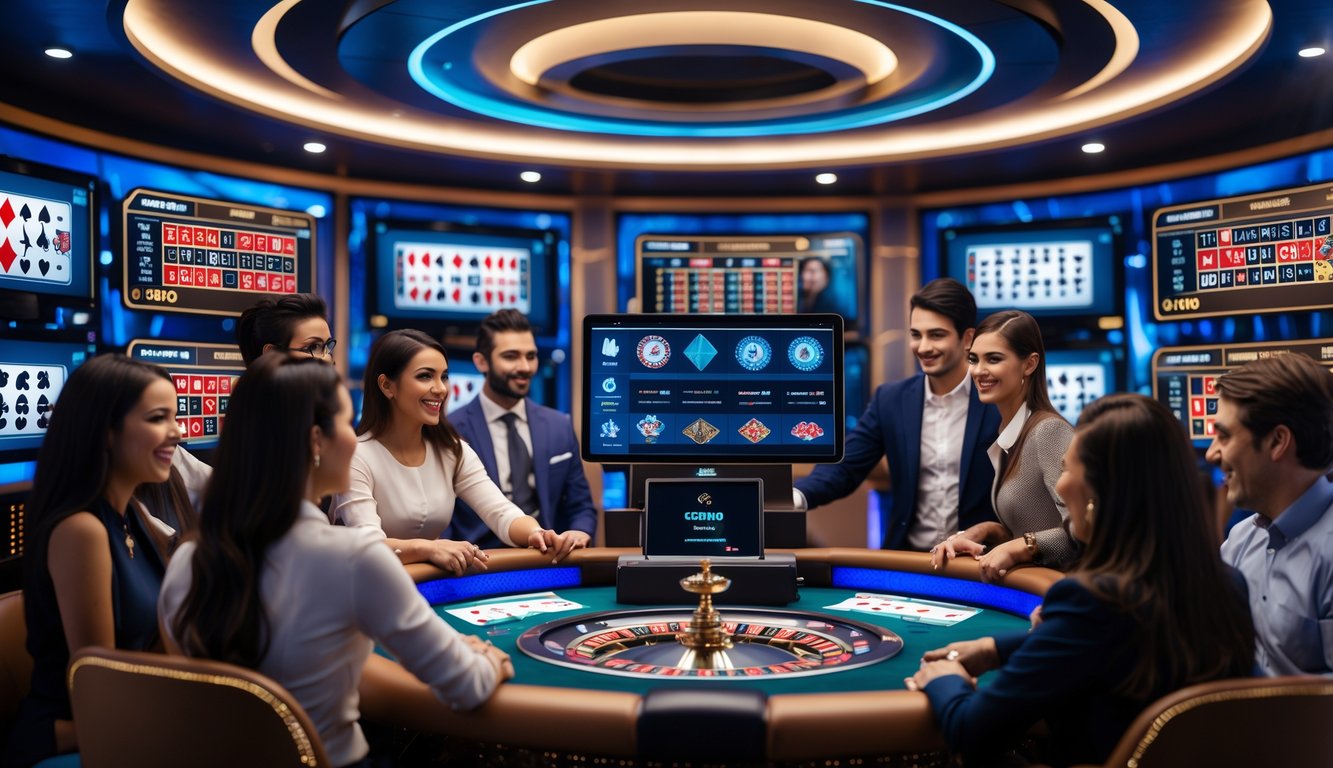 Suasana kasino online dengan pemain dan dealer profesional di depan layar permainan kasino real-time.