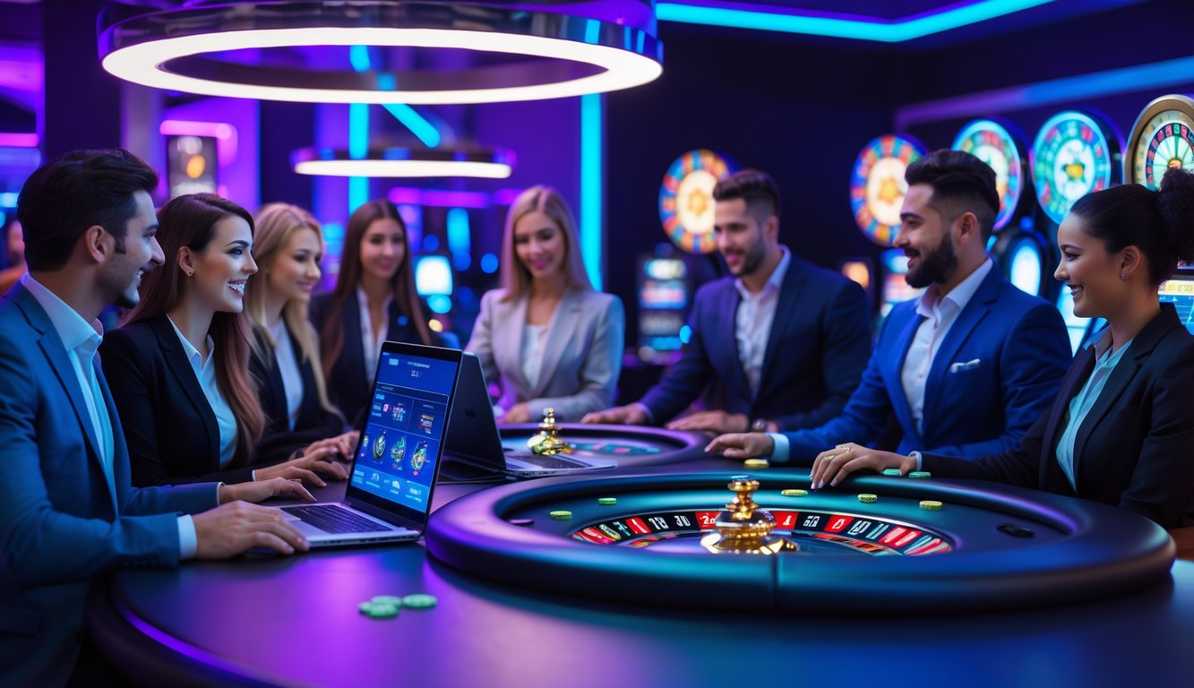 Orang-orang bermain permainan kasino online dengan dealer langsung di layar komputer dalam suasana modern dan menarik.