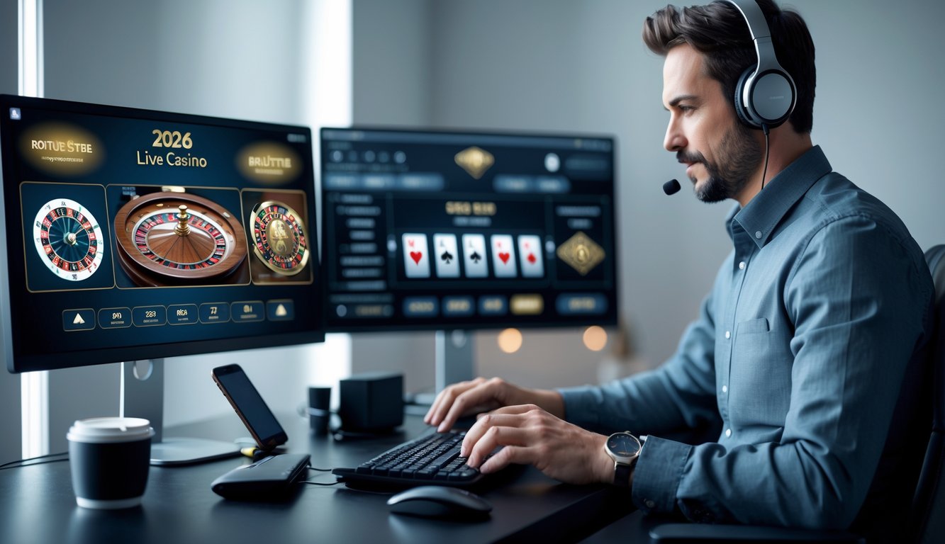 Seorang pemain dewasa fokus menggunakan komputer dengan beberapa layar menampilkan permainan kasino langsung di ruangan modern dan rapi.