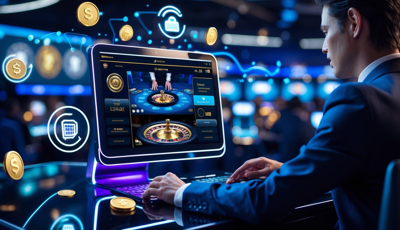 Seorang pengguna sedang berinteraksi dengan platform kasino online langsung yang modern dan terpercaya di depan layar komputer, dengan latar belakang yang menunjukkan keamanan dan transaksi cepat.