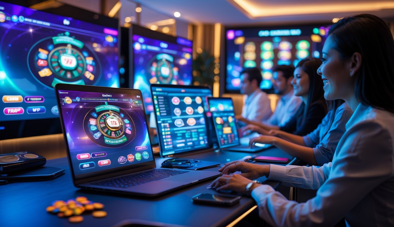 Sejumlah orang bermain permainan kasino online secara langsung dengan perangkat digital di ruangan modern yang terang dan penuh warna.