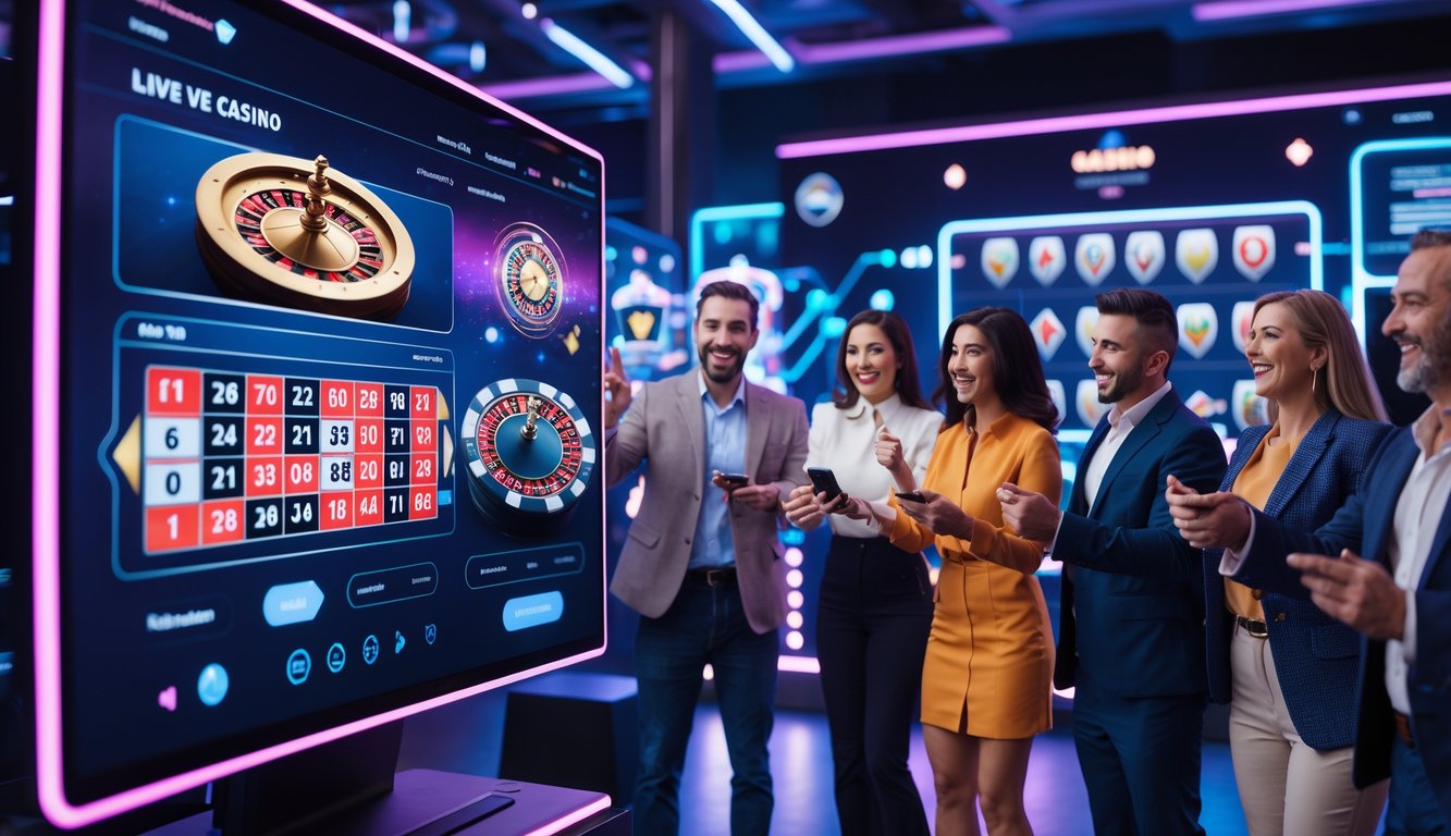 Orang-orang menikmati permainan kasino langsung online dengan antusias di depan layar komputer modern.