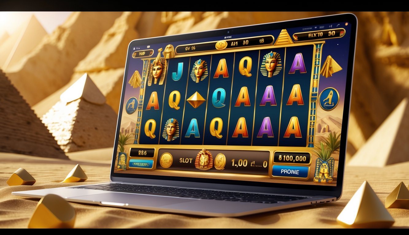 Layar komputer menampilkan permainan slot online bertema Mesir kuno dengan simbol seperti scarab emas dan piramida.