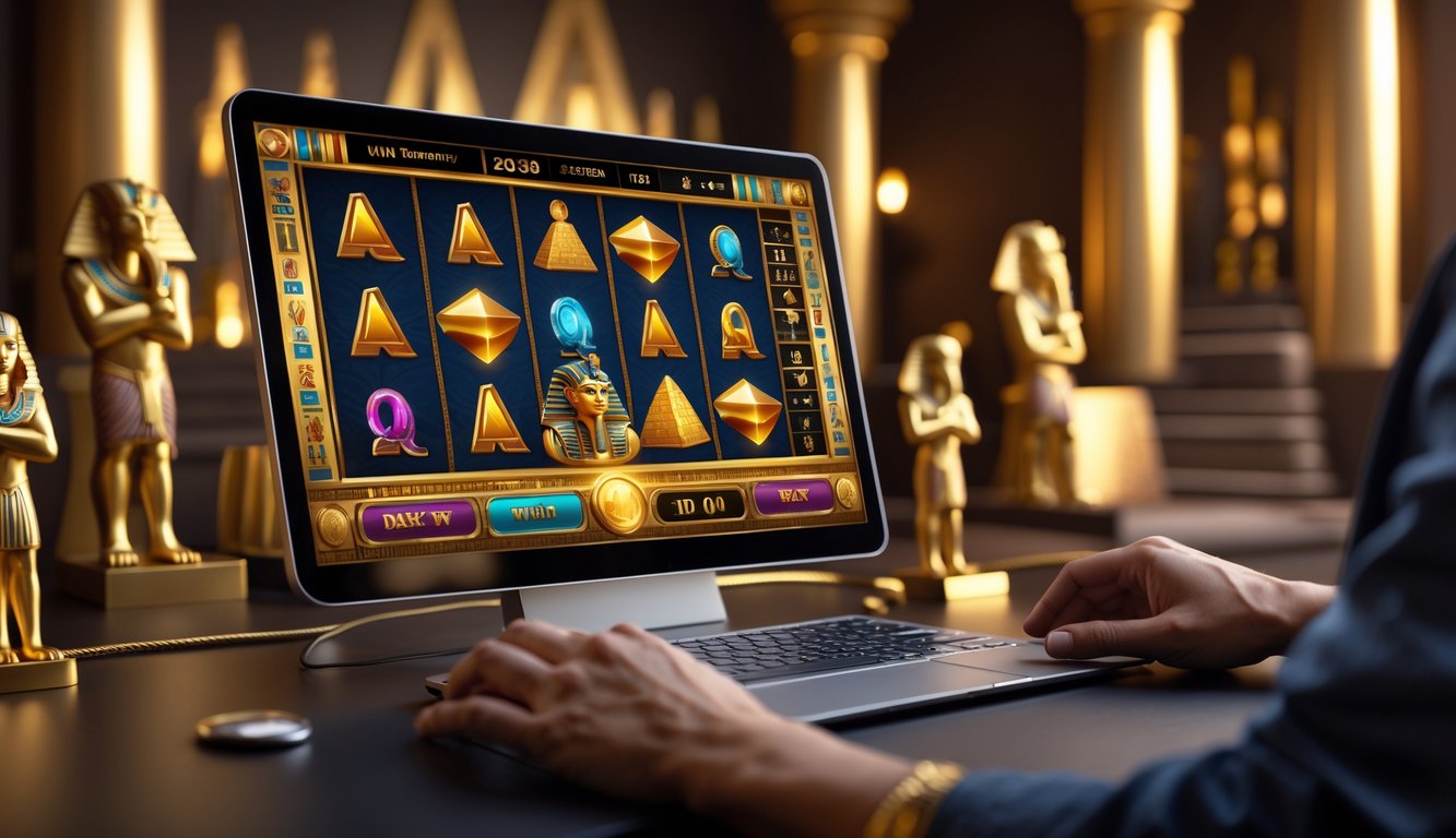 Seorang pemain menggunakan komputer dengan permainan slot bertema Mesir kuno di layar, dikelilingi dekorasi bertema Mesir.