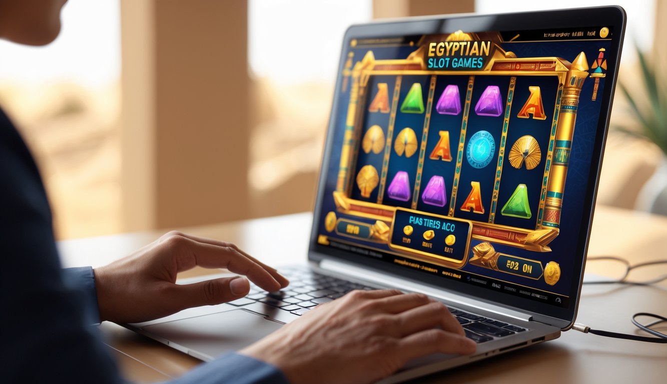 Seseorang menggunakan komputer dengan tampilan permainan slot bertema Mesir kuno di layar.