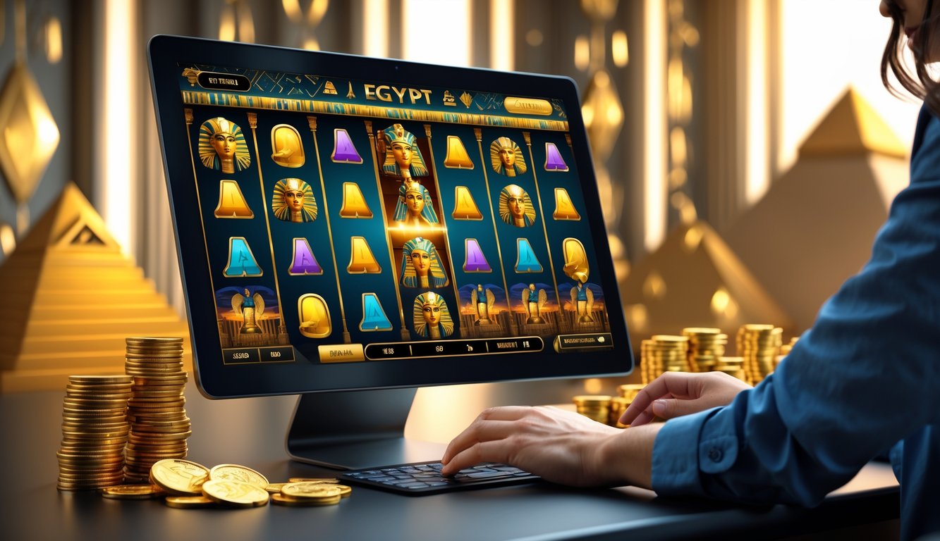 Tampilan layar komputer dengan permainan slot bertema Mesir kuno, menampilkan simbol-simbol seperti scarab emas dan piramida, dengan tangan seseorang yang sedang berinteraksi dengan layar.