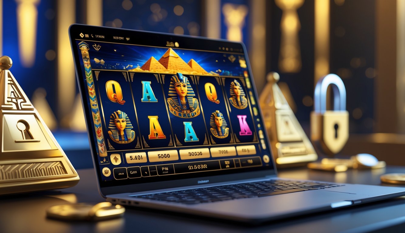 Layar komputer menampilkan permainan slot bertema Mesir kuno dengan latar belakang yang menunjukkan simbol keamanan dan kepercayaan.