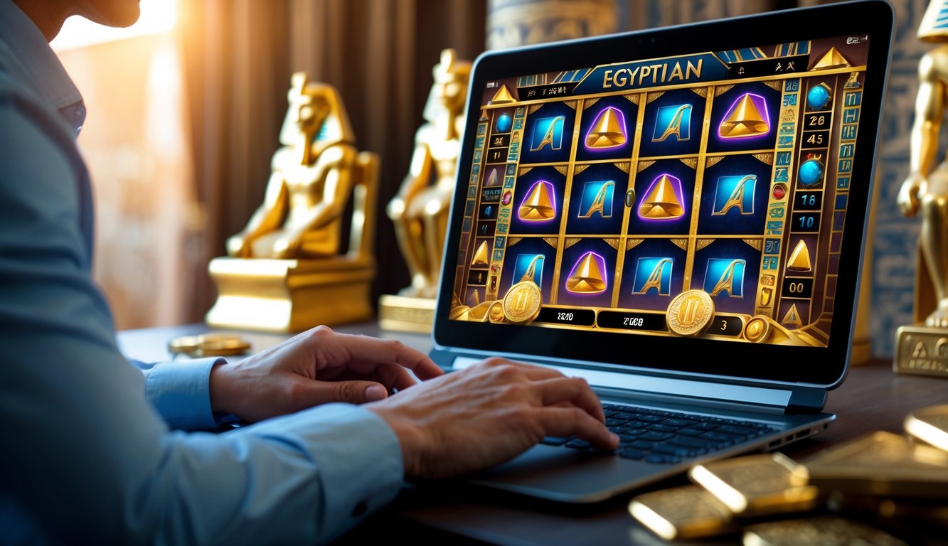 Seseorang menggunakan komputer dengan permainan slot bertema Mesir di layar, terlihat fokus dan bersemangat.
