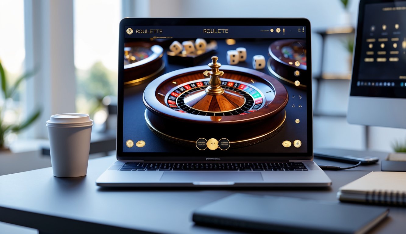 Seorang pemain sedang menggunakan komputer dengan tampilan roda roulette Prancis yang sedang berputar di layar dalam suasana yang nyaman dan terorganisir.