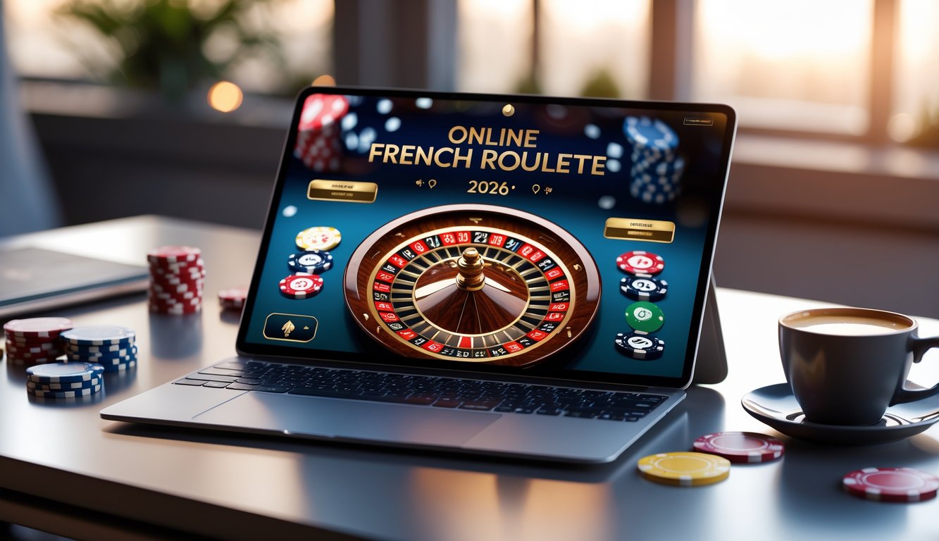 Seorang pemain menggunakan laptop yang menampilkan permainan roulette Prancis online dengan chip poker di meja.