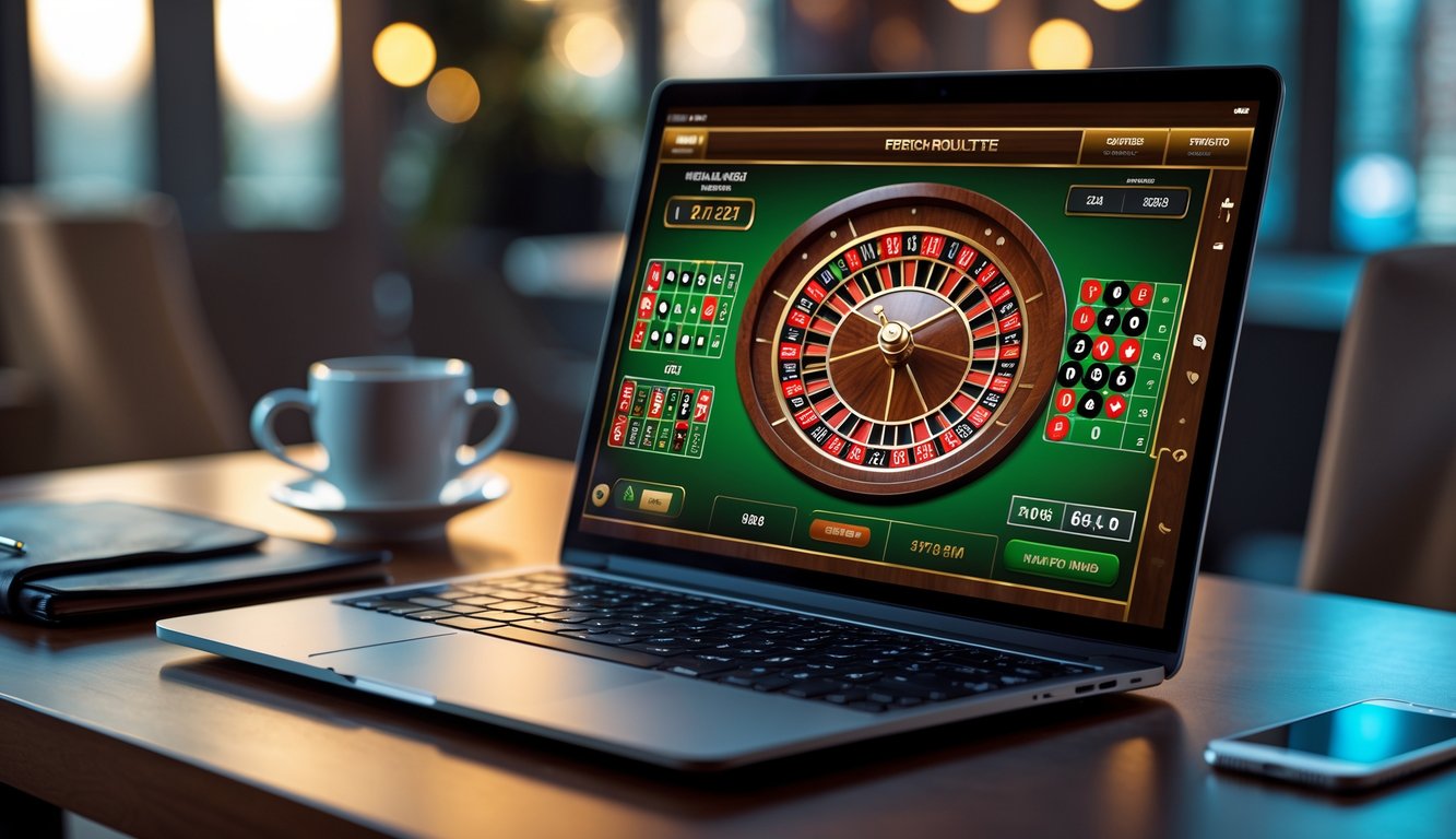 Layar laptop menampilkan permainan roulette Prancis online dengan meja taruhan dan roda roulette yang berwarna-warni di atas meja kayu dengan pencahayaan lembut.