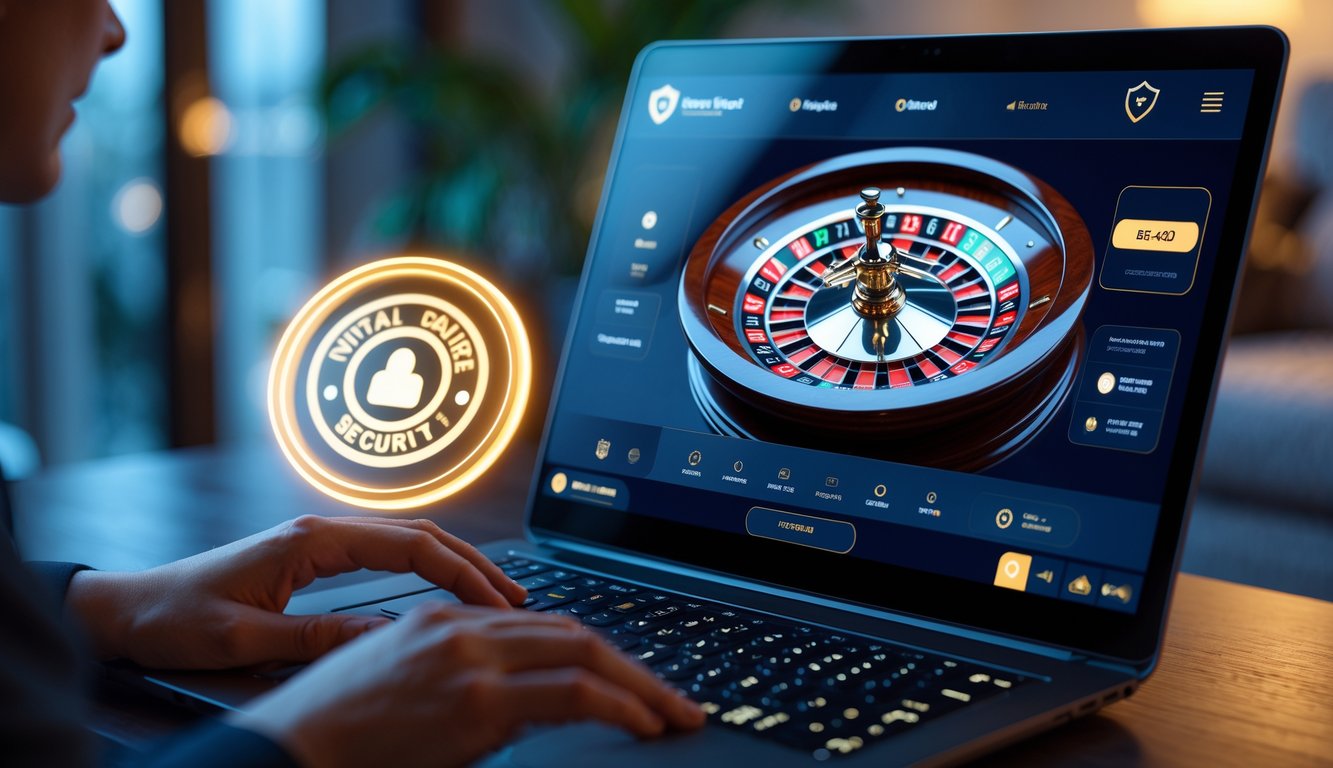 Seorang pemain sedang menggunakan laptop dengan tampilan roda roulette Prancis online di meja yang rapi dan nyaman.