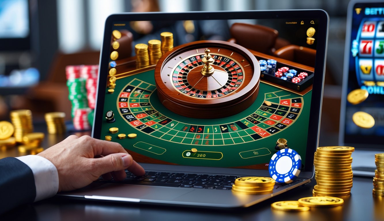Tampilan layar perangkat digital yang menampilkan permainan roulette Prancis dengan roda roulette, chip taruhan, dan meja taruhan, dikelilingi ikon slot dan koin bonus dalam suasana ruang kerja yang rapi.