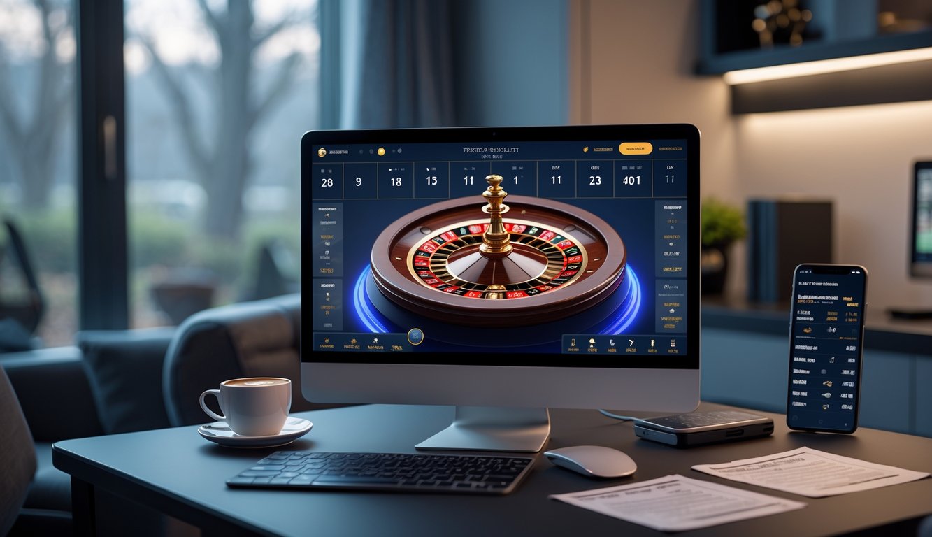 Sebuah meja kerja dengan komputer menampilkan permainan roulette Prancis online, dikelilingi catatan strategi, kopi, dan ponsel dengan statistik taruhan.