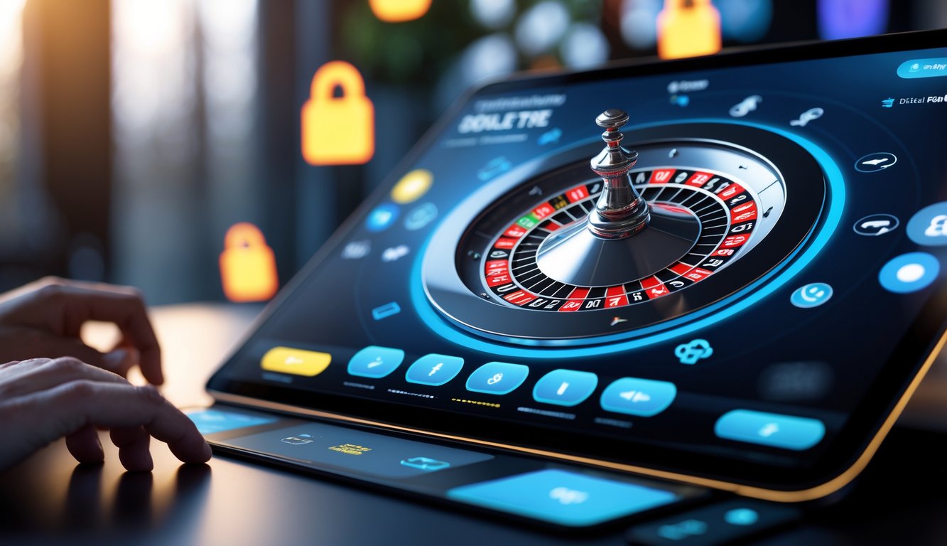 Layar perangkat menampilkan roda roulette Prancis digital dengan ikon keamanan dan elemen antarmuka pengguna yang mudah digunakan.