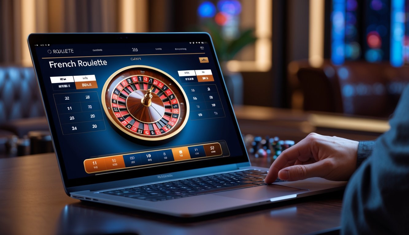 Seseorang sedang bermain roulette Prancis online di laptop dengan tampilan roda roulette dan area taruhan yang jelas.