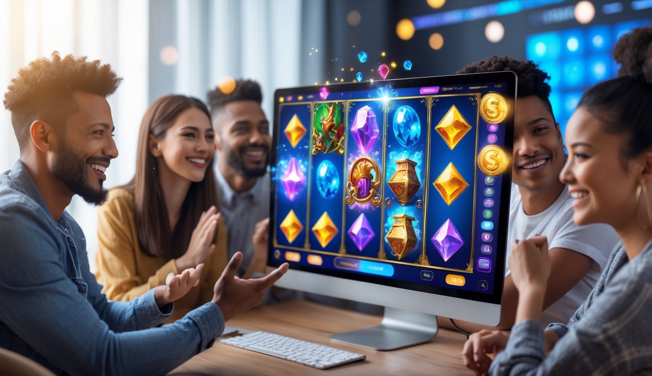 Orang-orang bermain permainan slot fantasi online dengan layar komputer yang menampilkan simbol warna-warni dan suasana yang menyenangkan di rumah.