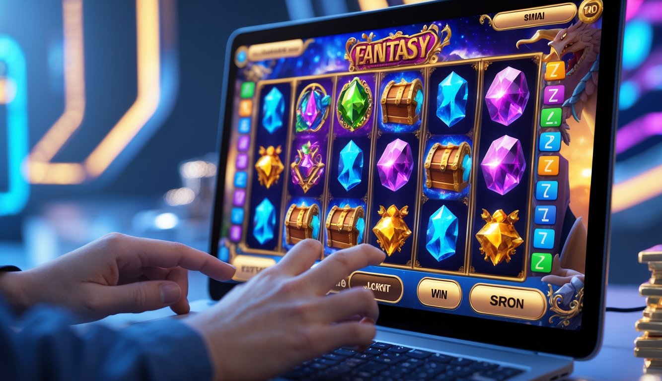 Tangan pengguna bermain permainan slot fantasi online di layar komputer dengan simbol warna-warni dan latar belakang futuristik.