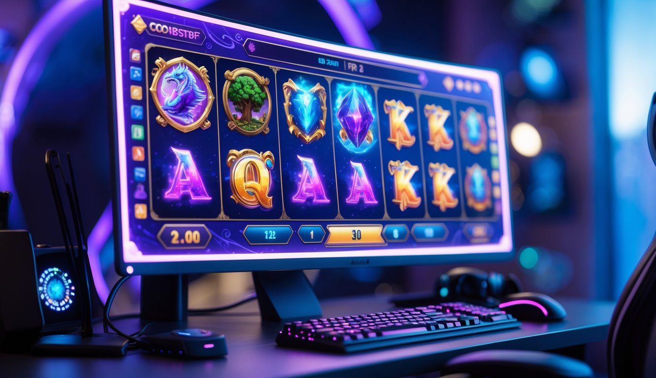 Layar komputer menampilkan permainan slot online bertema fantasi dengan ikon naga dan hutan ajaib.