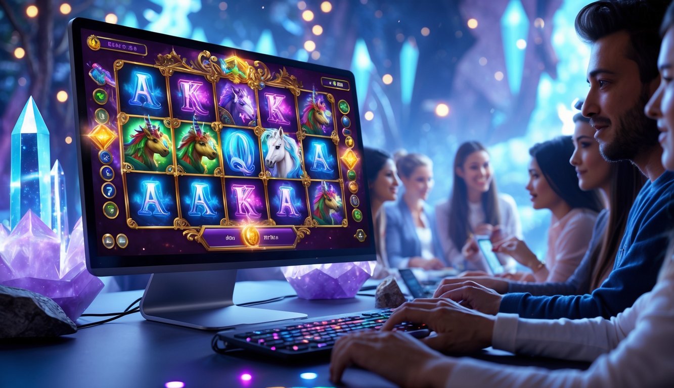 Layar komputer menampilkan permainan slot bertema fantasi dengan simbol makhluk mitos dan efek magis, dikelilingi oleh suasana permainan online yang futuristik dan menarik.