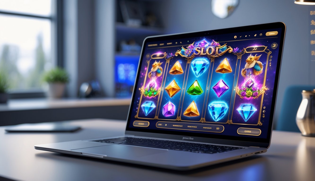 Sebuah laptop di meja kerja menampilkan permainan slot bertema fantasi dengan simbol-simbol berwarna cerah dan latar ruangan rumah yang modern dan terang.