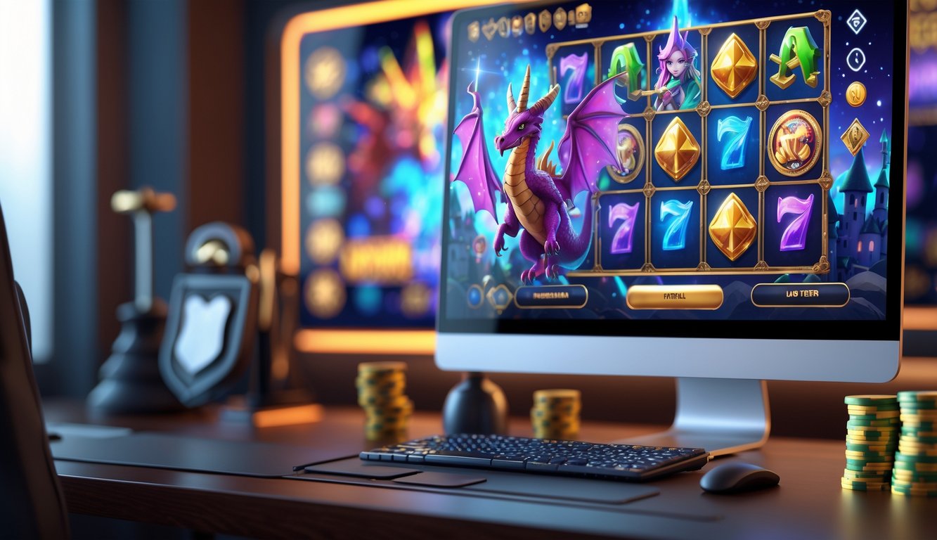 Sebuah meja kerja modern dengan layar komputer menampilkan permainan slot bertema fantasi yang penuh warna, dikelilingi oleh tumpukan chip kasino dan simbol keamanan.