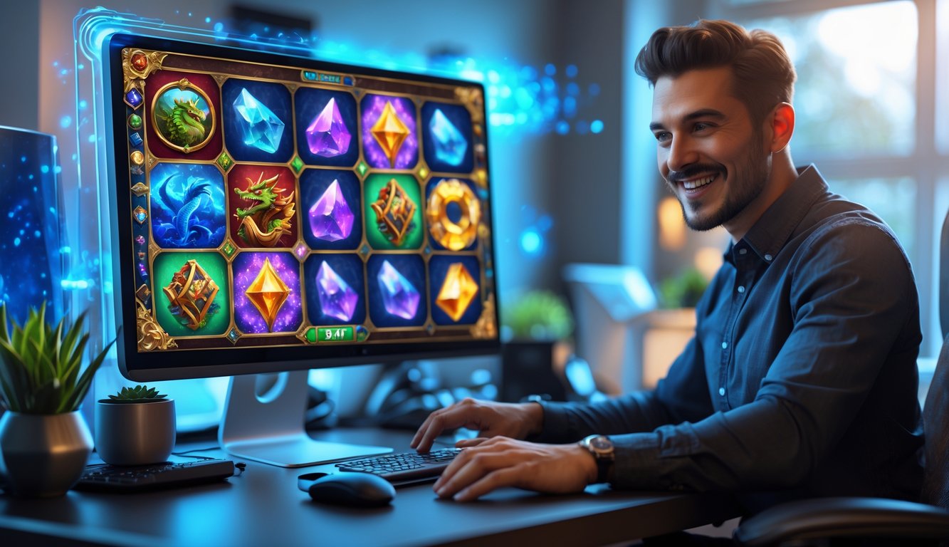 Seorang pemain sedang bermain game slot fantasi di komputer dengan latar belakang kantor rumah yang terang dan modern.