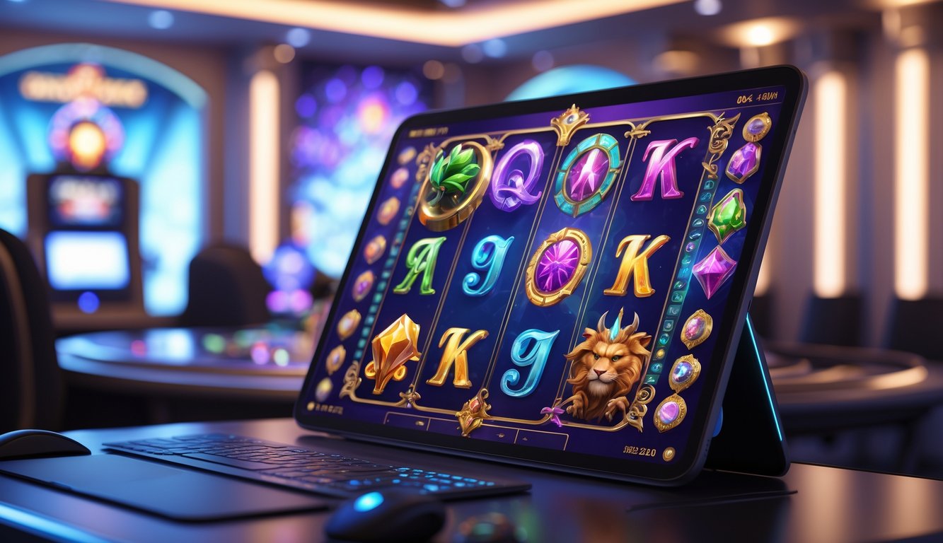 Layar komputer modern menampilkan permainan slot online bertema fantasi dengan simbol-simbol unik dan warna-warna cerah.