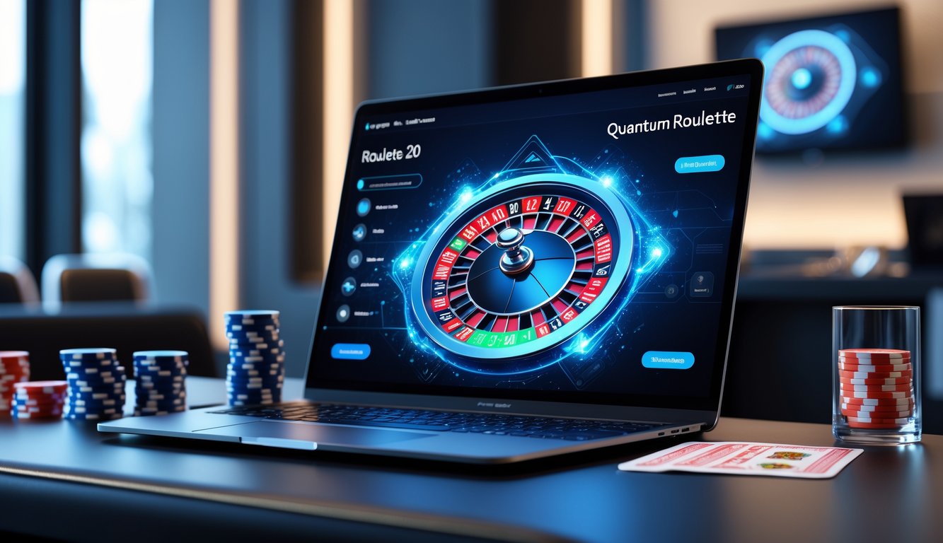 Sebuah meja dengan komputer menampilkan roda roulette futuristik dan perlengkapan permainan kasino di sekitarnya.