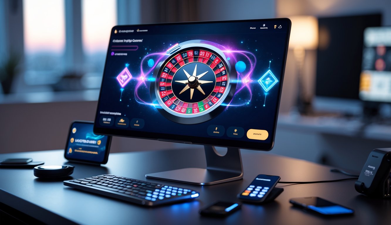 Seseorang menggunakan komputer dengan tampilan roda roulette digital futuristik di ruang bermain yang nyaman dan modern.