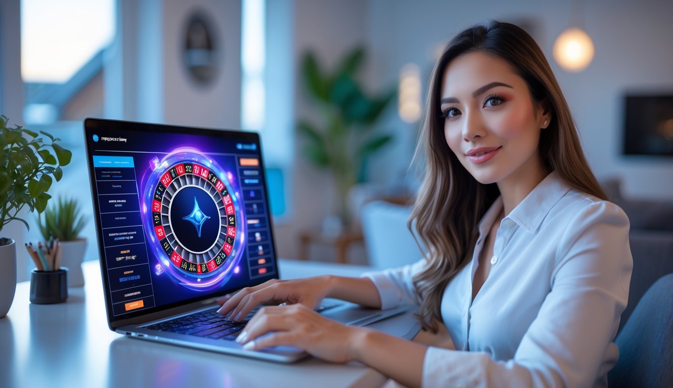 Seorang wanita muda duduk di meja dengan laptop, melihat roda roulette digital di layar komputer di ruangan rumah yang nyaman.