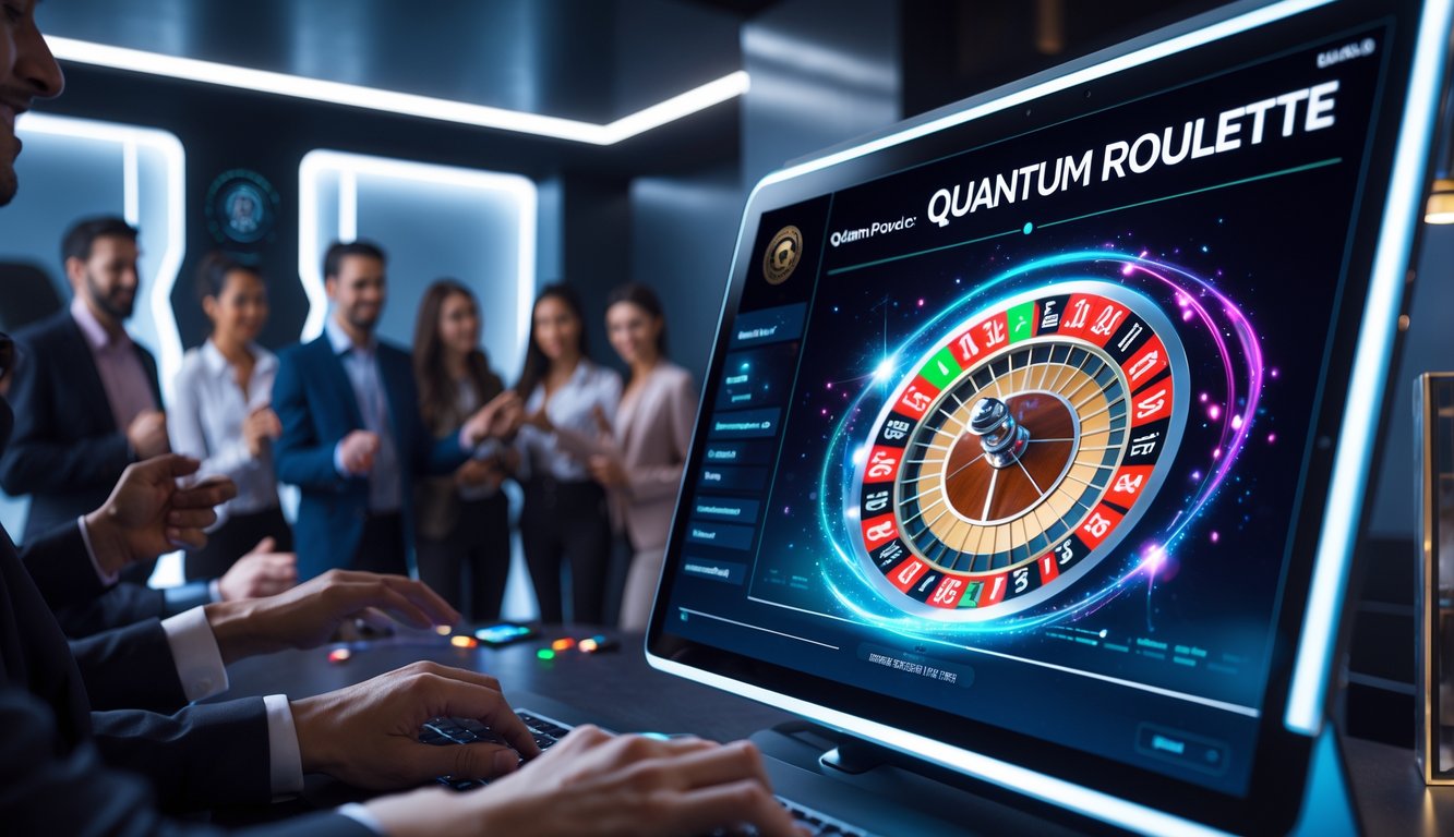 Orang-orang menikmati permainan roulette online di perangkat digital dengan latar ruangan modern dan pencahayaan lembut.