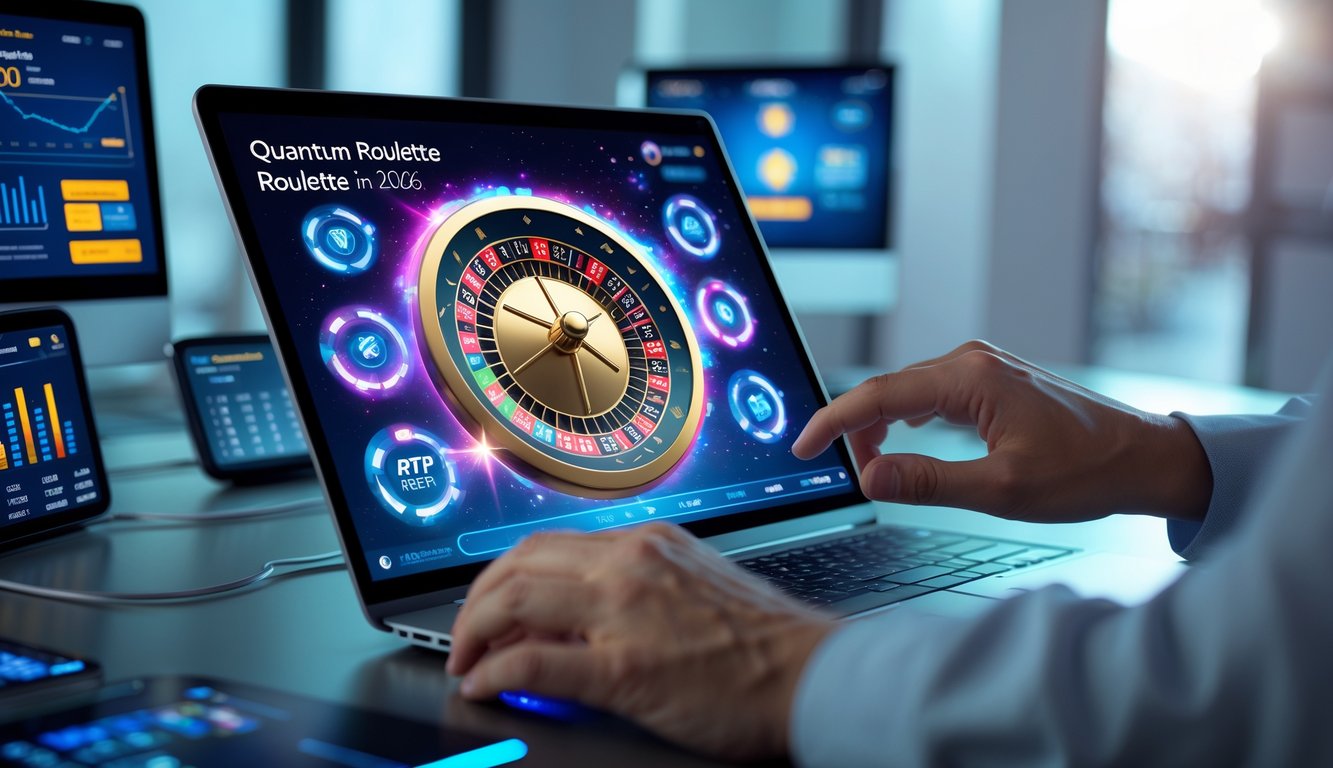 Seseorang menggunakan laptop dengan tampilan roda roulette digital futuristik yang menyala, menunjukkan pengalaman bermain Quantum Roulette online yang terpercaya.