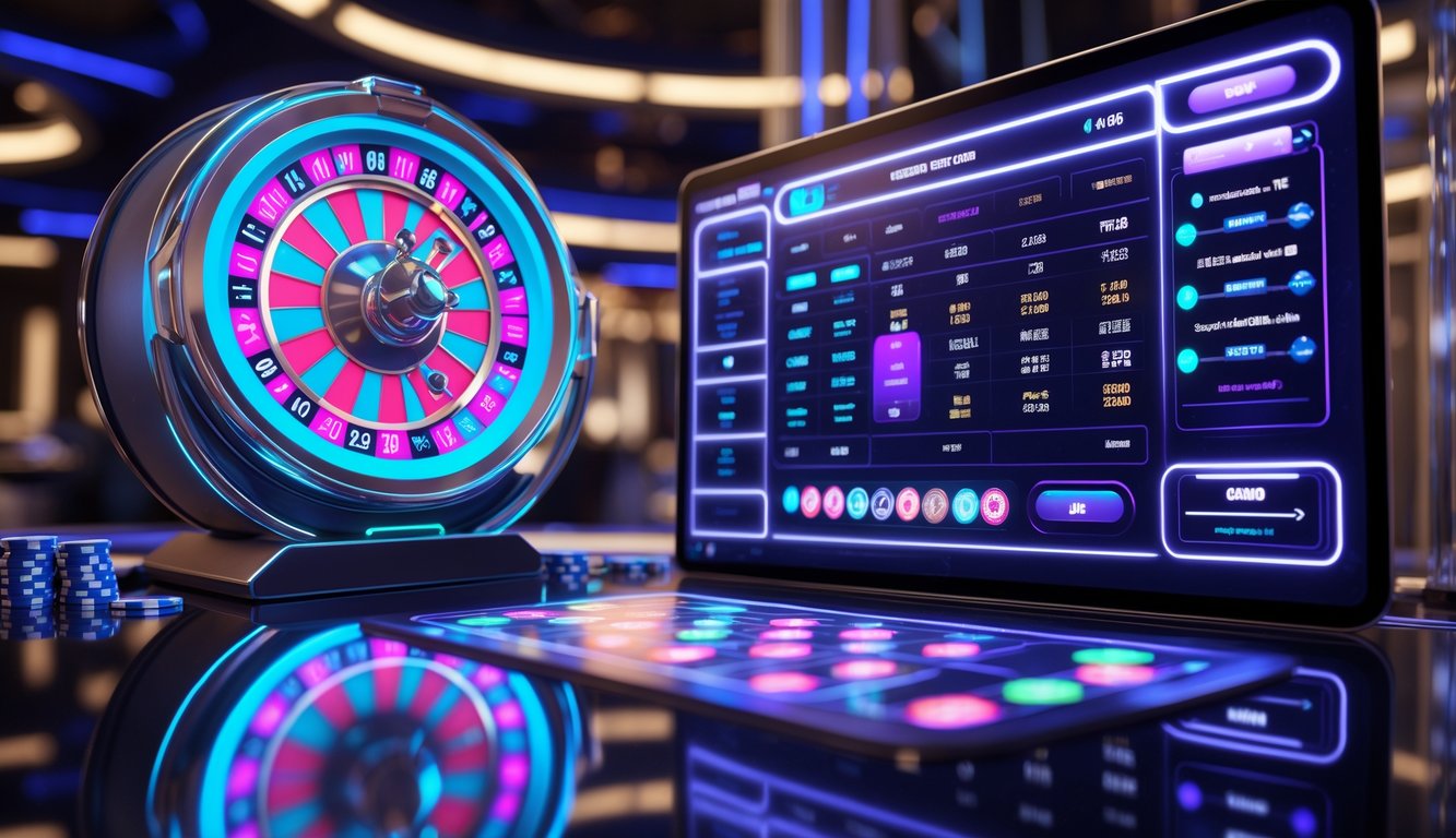 Sebuah meja roulette digital futuristik dengan roda roulette yang berputar dan layar sentuh transparan di latar belakang kasino online modern.