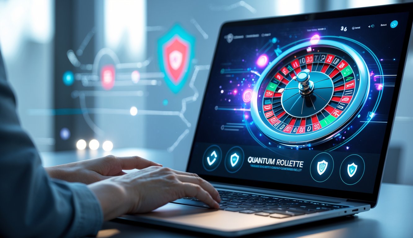 Seseorang menggunakan komputer dengan tampilan roda roulette digital yang futuristik di layar, menunjukkan pengalaman bermain Quantum Roulette online yang aman dan terpercaya.