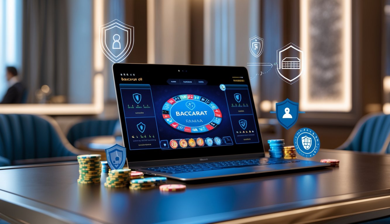 Sebuah layar komputer menampilkan permainan baccarat online dengan simbol keamanan dan suasana mewah.