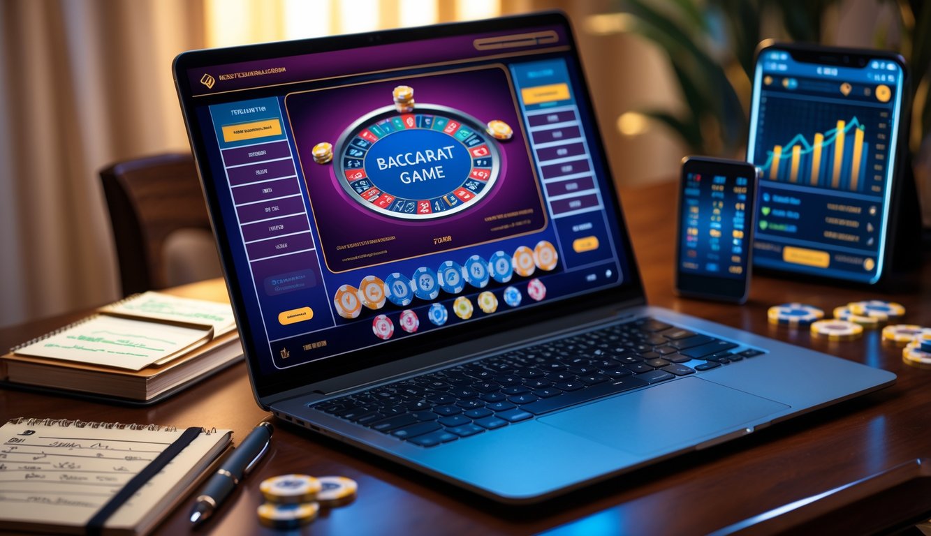 Seorang pemain sedang menggunakan laptop untuk bermain baccarat online dengan kartu dan chip terlihat jelas di layar, di atas meja terdapat buku catatan dan ponsel dengan grafik keuangan.