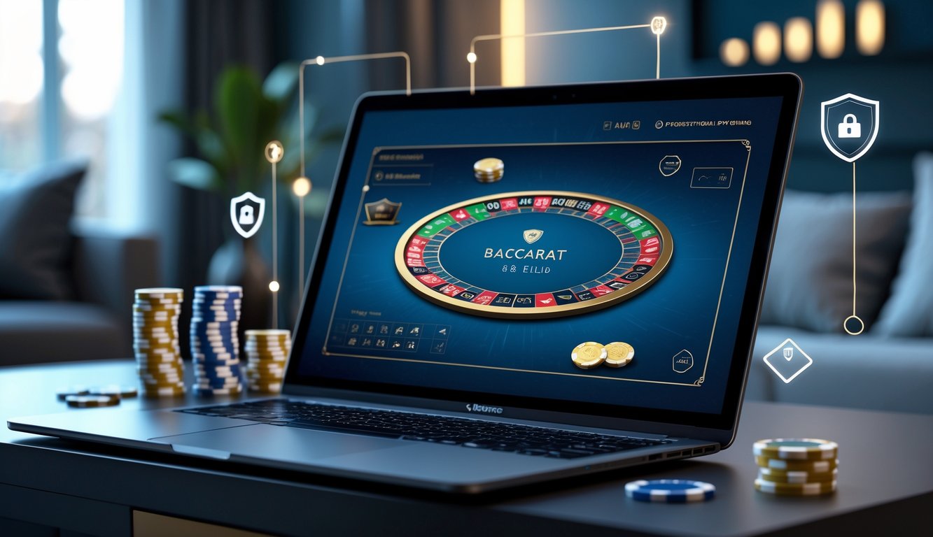 Seorang pengguna sedang bermain baccarat online di laptop dengan tampilan meja permainan yang jelas dan suasana ruangan yang modern dan nyaman.